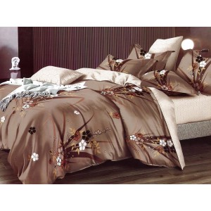 Lenjerie pat dublu, Ralex Pucioasa,  Finet, 6 piese, cu elastic, Maro, flori