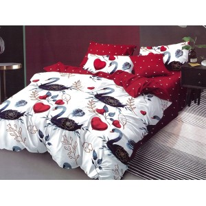 Lenjerie pat dublu, Ralex Pucioasa,  Finet, 6 piese, cu elastic, Alb-Rosu, lebede, inimioare