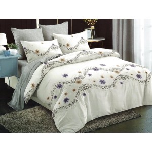 Lenjerie pat dublu, Ralex Pucioasa,  Finet, 6 piese, cu elastic, Crem, flori