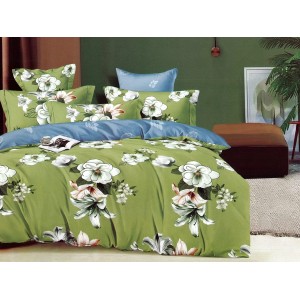 Lenjerie pat dublu, Ralex Pucioasa,  Finet, 6 piese, cu elastic, Verde, flori