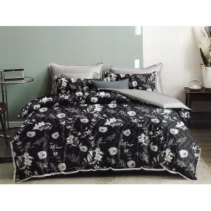 Lenjerie pat dublu, Ralex Pucioasa,  Finet, 6 piese, cu elastic, Gri, flori