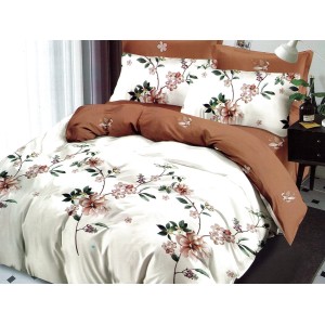 Lenjerie pat dublu, Ralex Pucioasa,  Finet, 6 piese, cu elastic, Crem-Maro, flori