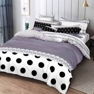 Lenjerie pat dublu cu doua feţe, bumbac satinat, 4 piese,  Alb, buline