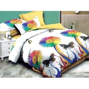 Lenjerie pat dublu, Ralex Pucioasa,  Finet, 6 piese, cu elastic, Multicolor, flori, fluturi