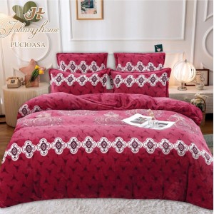 Lenjerie pat dublu, Super Pufoasa COCOLINO, 6 piese, Rosu, model clasic