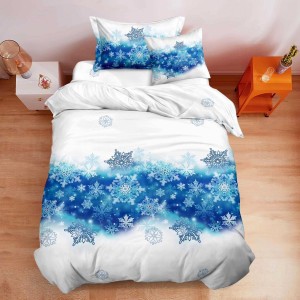 Lenjerie pat 1 PERSOANA, BUMBAC FINET, 4 piese, cu ELASTIC, Craciun, Albastru