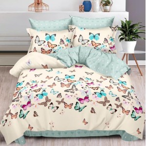 Lenjerie pat dublu,  FINET, 6 piese, cu ELASTIC, Bleu, fluturi