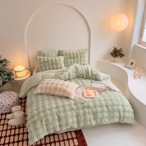 Lenjerie de Pat Dublu, ExtraPufoasa din Blăniță Artificială de Iepure, 4 piese, Verde – Confort Premium și Eleganță Absolută