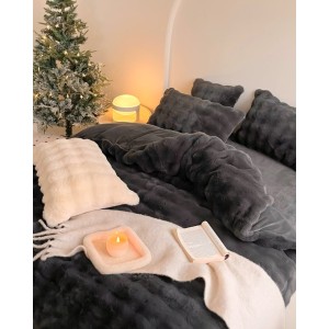 Cearsaf cocolino pat dublu + 2 fete perna ExtraPufoase, din Blanita artificiala de Iepure, Gri antracit