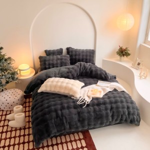 Lenjerie de Pat Dublu, ExtraPufoasa din Blăniță Artificială de Iepure, 4 piese, Gri Antracit – Confort Premium și Eleganță Absolută