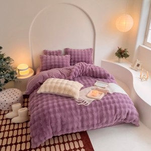 Lenjerie de Pat Dublu, ExtraPufoasa din Blăniță Artificială de Iepure, 4 piese, Mov – Confort Premium și Eleganță Absolută
