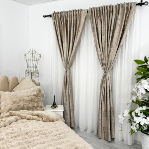 Set 2 Draperii Catifea cu insertii metalizate - 100cm x 270cm ,rejansa pt. bara ,  Bej deschis - V1