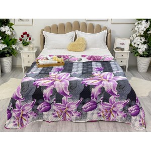 Cuvertura matlasata cu doua fete pentru pat dublu , 210x210, Gri-Roz, flori