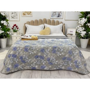Cuvertura matlasata cu doua fete pentru pat dublu , 210x210, Gri-Albastru, flori