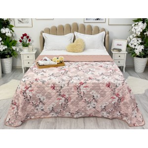 Cuvertura matlasata cu doua fete pentru pat dublu , 210x210, Roz pudra, flori