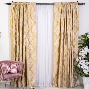 Set 2 draperii din Jacquard Satinat, 200x230cm, cu tiv lat, Bej - Alb