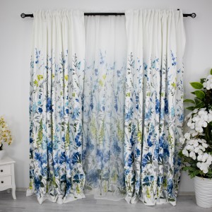 Set 2 Draperii Satinata imprimata - 200cm latime x 210cm, Rejansa pt. sina,  flori albastre