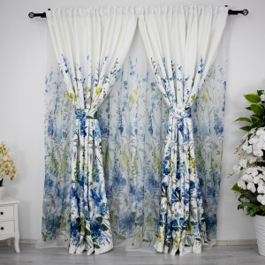Set Perdea din Voal si Draperie Satinata imprimata, flori albastre, perdea de 3m latime x 2m inaltime, si 2 buc draperie 1m latime x 2 m inaltime, cu rejansa pt sina