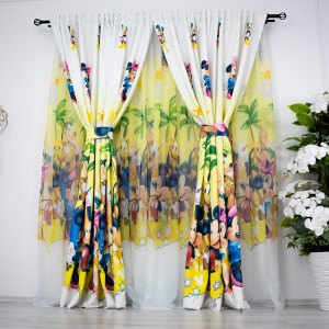 Set Perdea din Voal si Draperie Satinata pentru copii, Minnie si Mickey, PERDEA: 1buc - 3m latime, DRAPERIE: 2buc - 1m latime, inaltime 220cm, cu rejansa pentru sina