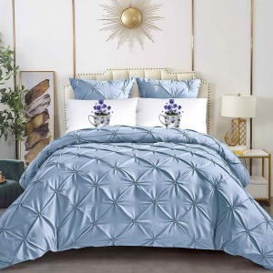 Lenjerie pat dublu, Finet Satinat Deluxe cu Pliuri Brodate, IDENTICA CU POZA, cu elastic, 6 piese, Bleu 