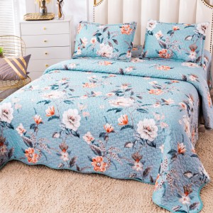 Cuvertura pat dublu, matlasata, din Catifea, 3 piese, 230x250cm, Bleu, flori