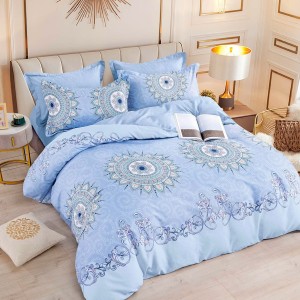 Lenjerie pat dublu,  FINET, 6 piese, cu ELASTIC, Jojo Home, Bleu, flori