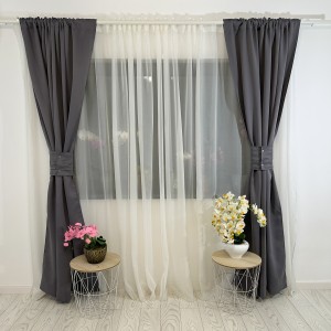 Set 2 Draperii Blackout Satinata - 1.20m x 232cm x rejansa pt bara, Gri inchis