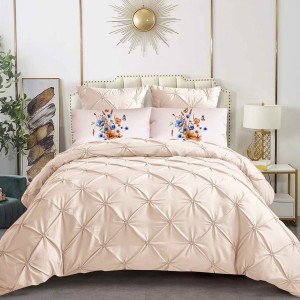 Lenjerie pat dublu, Finet Satinat Deluxe cu Pliuri Brodate, IDENTICA CU POZA, cu elastic, 6 piese, Crem