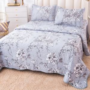 Cuvertura pat dublu, matlasata, din Catifea, 3 piese, 230x250cm, Gri, flori