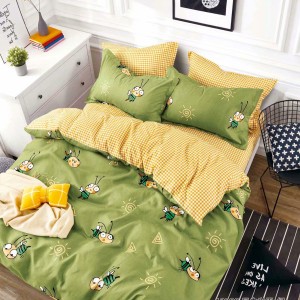 Lenjerie pat dublu,  FINET, 6 piese, cu ELASTIC, Jojo Home, Verde, albinute