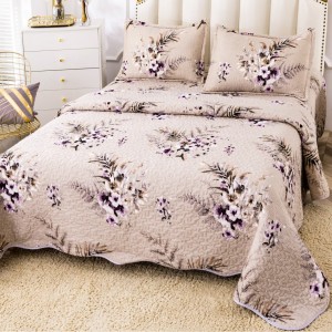 Cuvertura pat dublu, matlasata, din Catifea, 3 piese, 230x250cm, Bej, flori