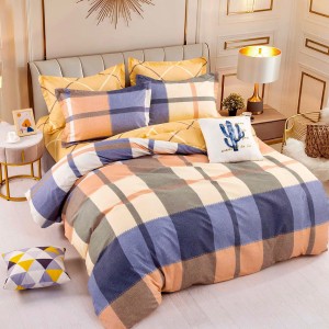 Lenjerie pat dublu,  FINET, 6 piese, cu ELASTIC, Jojo Home, Bej-Albastru, carouri