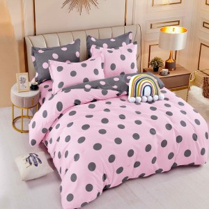 Lenjerie pat dublu,  FINET, 6 piese, cu ELASTIC, Jojo Home, Roz-Gri, buline