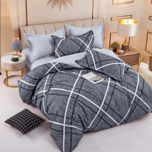 Lenjerie pat dublu,  FINET, 6 piese, cu ELASTIC, Jojo Home, Gri, dungi