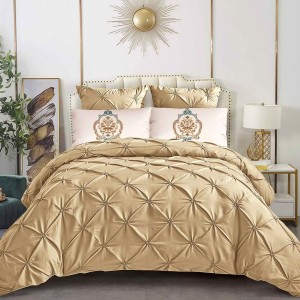 Lenjerie pat dublu, Finet Satinat Deluxe cu Pliuri Brodate, IDENTICA CU POZA, cu elastic, 6 piese, Bej