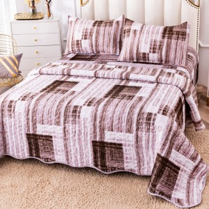 Cuvertura pat dublu, matlasata, din Catifea, 3 piese, 230x250cm, Gri, dungi