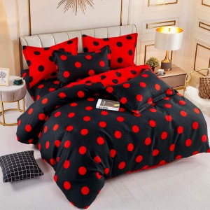 Lenjerie pat dublu,  FINET, 6 piese, cu ELASTIC, Jojo Home, Negru-Rosu, buline