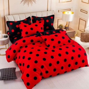 Lenjerie pat dublu,  FINET, 6 piese, cu ELASTIC, Jojo Home, Rosu-Negru, buline