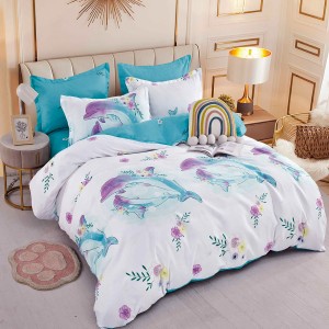 Lenjerie pat dublu,  FINET, 6 piese, cu ELASTIC, Jojo Home, Alb-Bleu, delfini