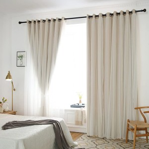 Set 2 bucati de Draperie 2 in 1 cu perdea, Bej - Alb, latime 1,4m, inaltime 2,4m, cu rejansa pt bara 