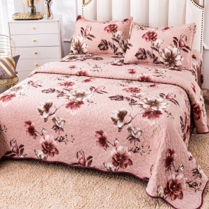 Cuvertura pat dublu, matlasata, din Catifea, 3 piese, 230x250cm, Bej, flori