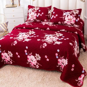 Cuvertura pat dublu, matlasata, din Catifea, 3 piese, 230x250cm, Grena, flori