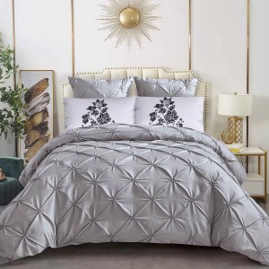 Lenjerie pat dublu, Finet Satinat Deluxe cu Pliuri Brodate, IDENTICA CU POZA, cu elastic, 6 piese, Gri