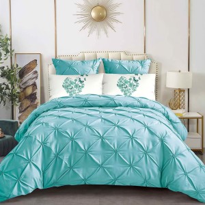 Lenjerie pat dublu, Finet Satinat Deluxe cu Pliuri Brodate, IDENTICA CU POZA, cu elastic, 6 piese, Bleu Aqua