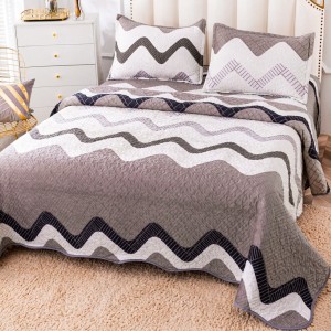 Cuvertura pat dublu, matlasata, din Catifea, 3 piese, 230x250cm, Gri, zig-zag