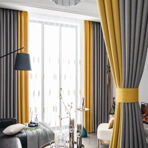 Set 4 bucati de Draperie Blackout 80%, din Catifea, Bicolor, Gri deschis - Galben, 140cm latime x 270cm inaltime, cu rejansa pt sina