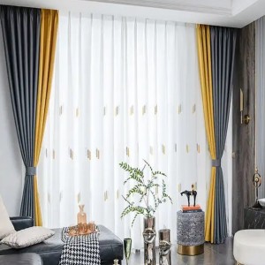 Draperie Blackout 80%, din Catifea, Bicolor - 140cm latime  x 200cm inaltime  ,rejansa pt. sina, Gri inchis - Galben