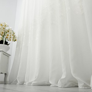 Perdea Evelyn din Voal Brodat, 10m latime x2.54m inaltime, cu rejansa pentru SINA, model cu frunze, Ivoire