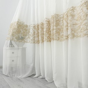 Perdea Evelyn din Voal Brodat, 500 x 232cm, rejansa pentru bara , model cu frunze, Ivoire - Maro