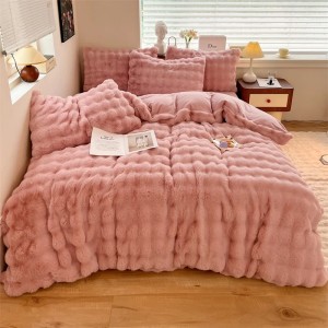 Lenjerie pat dublu, ExtraPufoasa, din Blanita artificiala de Iepure, 4 piese, Roz Pudra